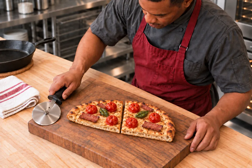 The cook serves two quarter portions of the cherry-tomato and turkey-bacon pizza, with six tomatoes, four short turkey pieces and two basil leaves visible.