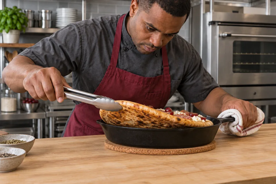 The cook uses tongs to lift the edge of the skillet pizza and check its browned underside; the hot pan rests on a trivet.