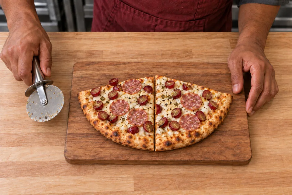 Two quarter portions forming half of the grape, mozzarella and beef-salami pizza on a wooden board; the remaining half is outside the view.