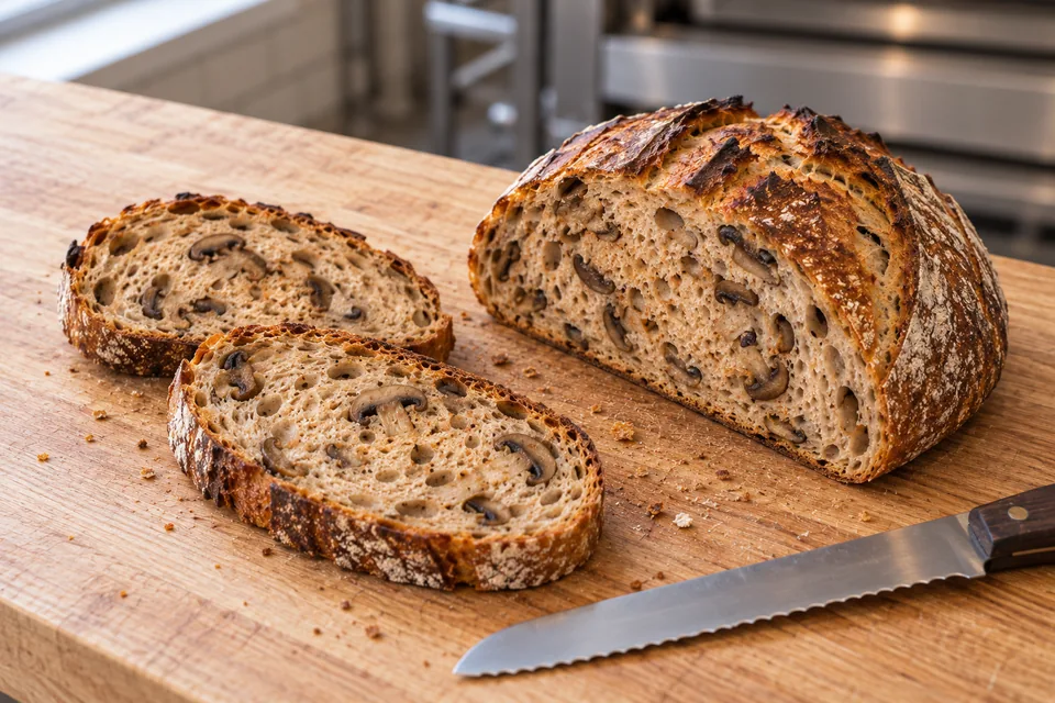A cut round sourdough and two slices show roasted mushrooms in a warm beige crumb on the wooden bench.