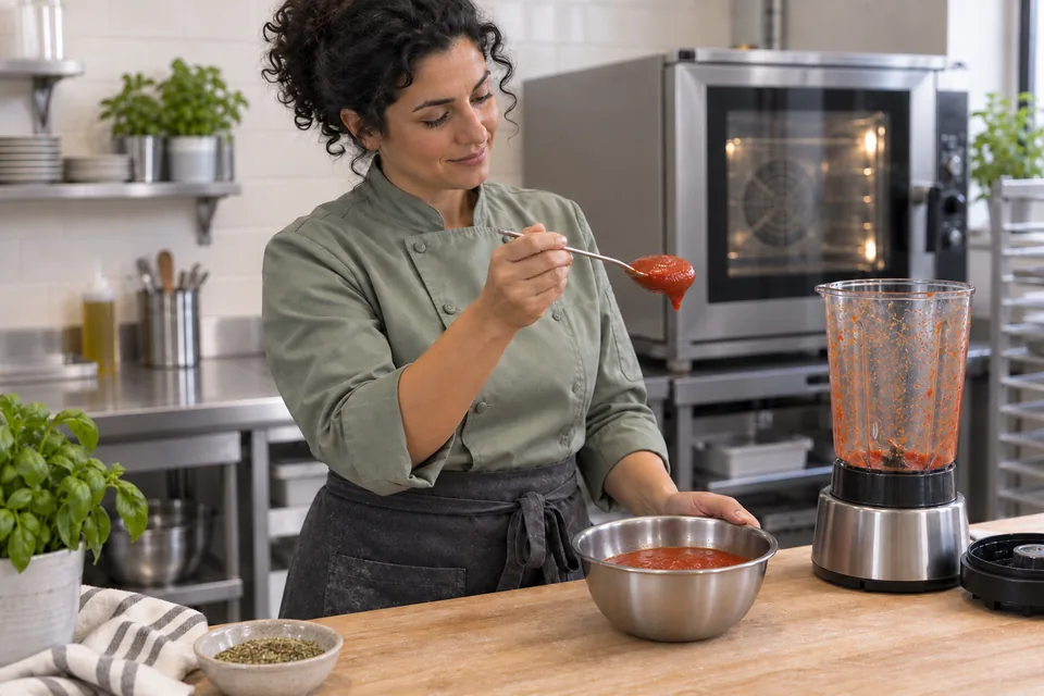 The cook checks one modest bowl of smooth tomato sauce with a spoon; only a thin residue remains in the stopped blender.