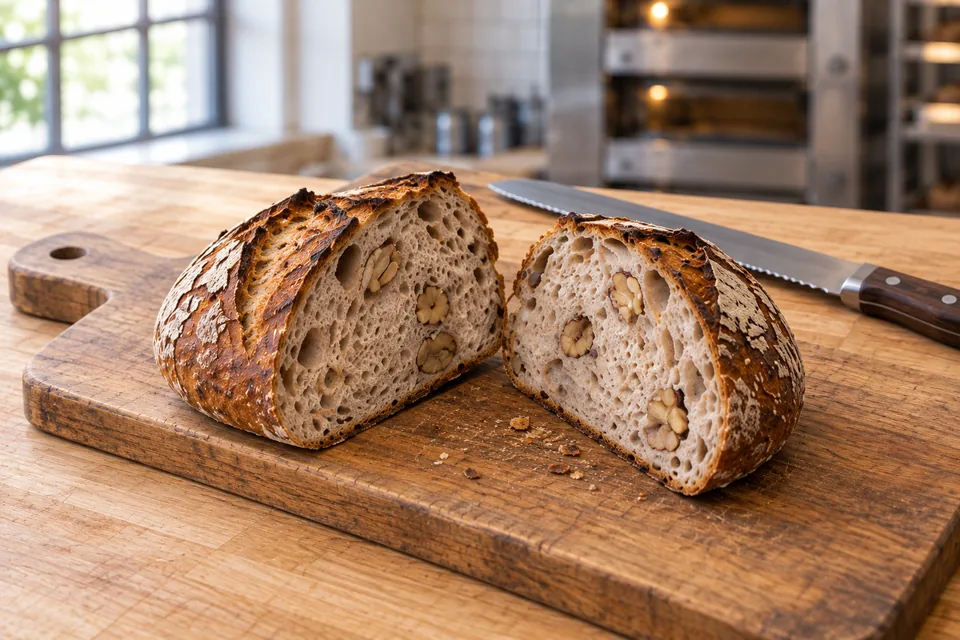 Two walnut-studded sourdough halves face each other on a wooden board, with a bread knife behind.