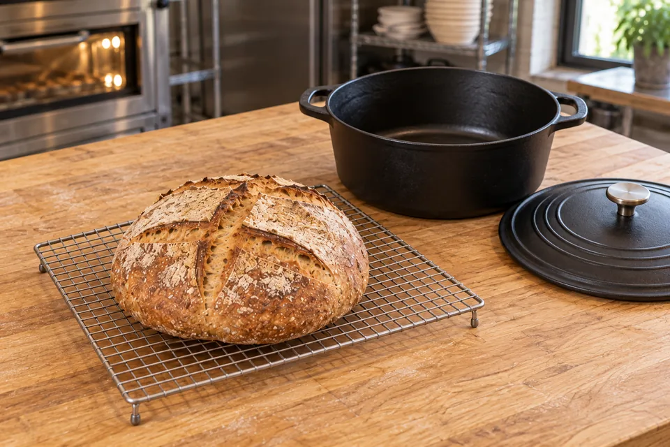 One cooled cross-scored round on a wire rack beside its larger empty Dutch oven and lid.