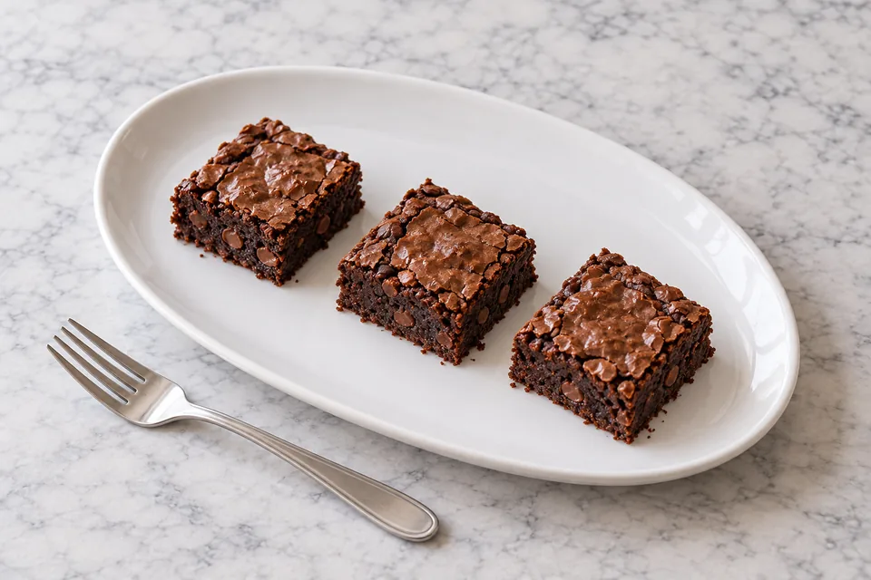 Three separate crackly-topped brownie squares on a white oval plate beside a fork.