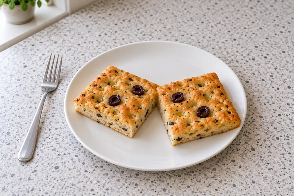 Two shallow squares of olive-and-basil focaccia on a plain white plate beside a fork.