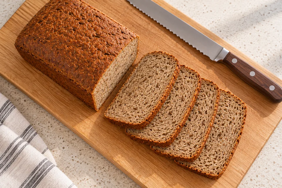 Four thin caraway-flecked rye slices fan beside the shortened rectangular loaf on a wooden board, viewed from above.