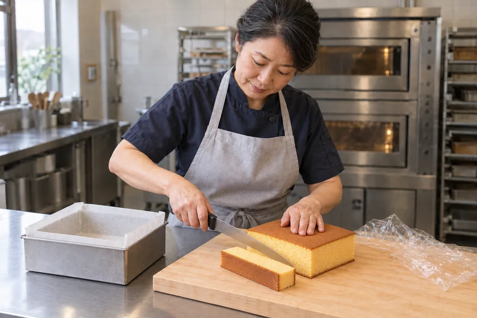 The cook slices the small square castella beside its original empty tin; one cut slice and the remaining cake body account for the single cake.