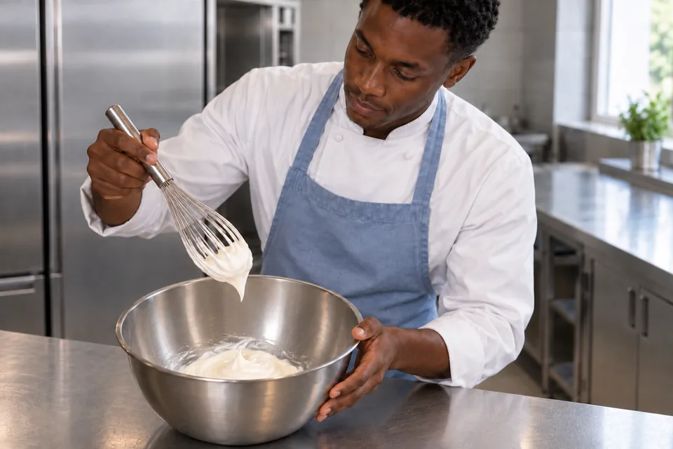 The cook lifts a whisk over a modest shallow mound of smooth whipped cream in a broad steel bowl.