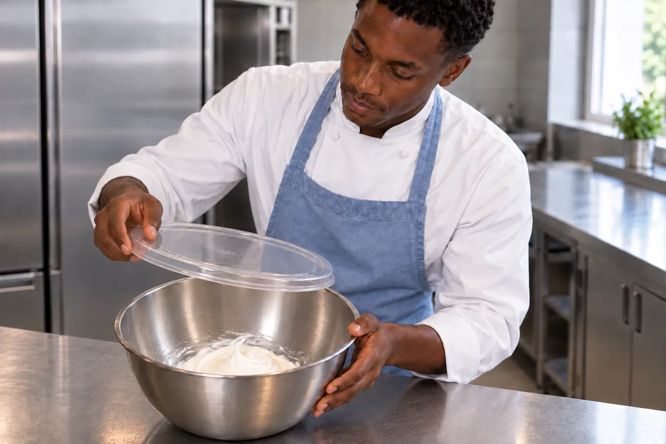 The cook holds a clear lid above the same broad steel bowl with a shallow mound of whipped cream.