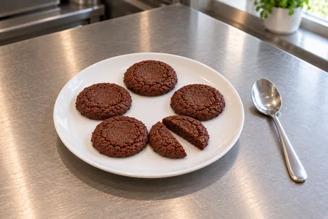 Four modest cocoa cookies and two halves of one more on a simple white plate, with a teaspoon beside it.
