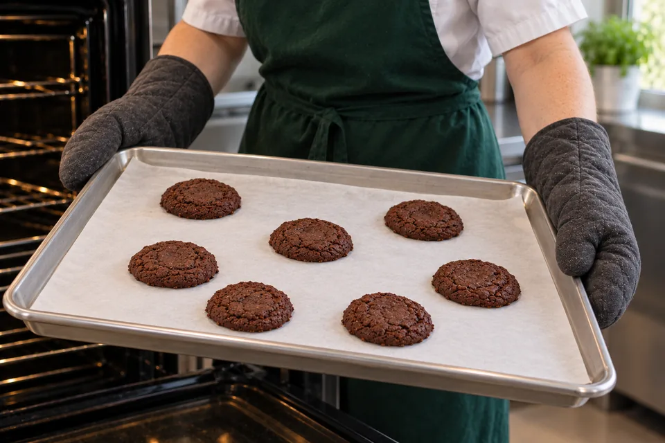 The cook holds the parchment-lined tray with seven modest baked cocoa cookies, with space between them.