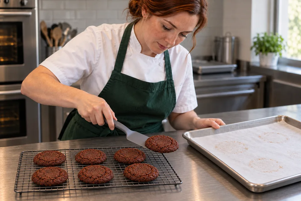 The cook transfers the last of seven modest cocoa cookies with a gray spatula; six are on the rack and the tray is empty.