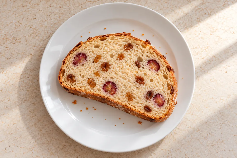 A single pale slice with small cooked red-grape pockets and sultanas lies on a plain white plate, viewed from above.