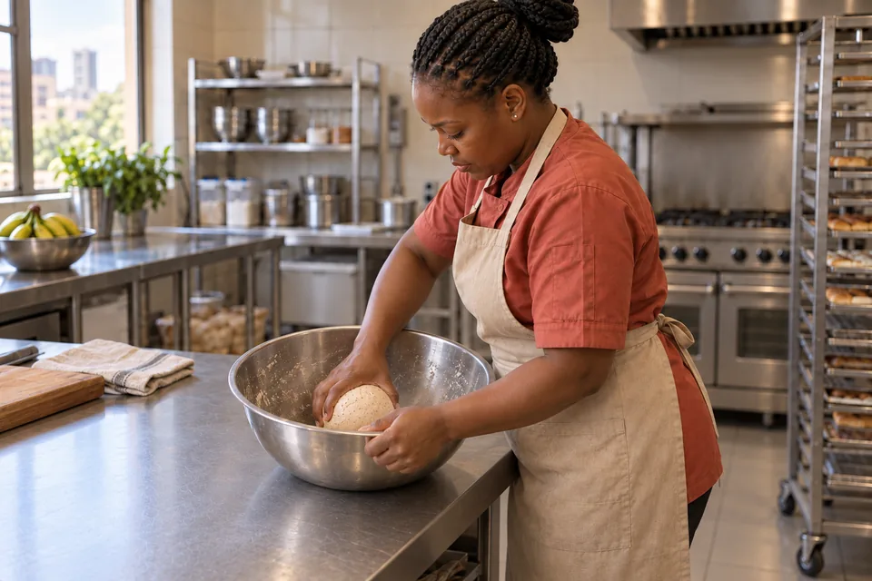 The cook gathers a modest dough ball in a broad steel mixing bowl.