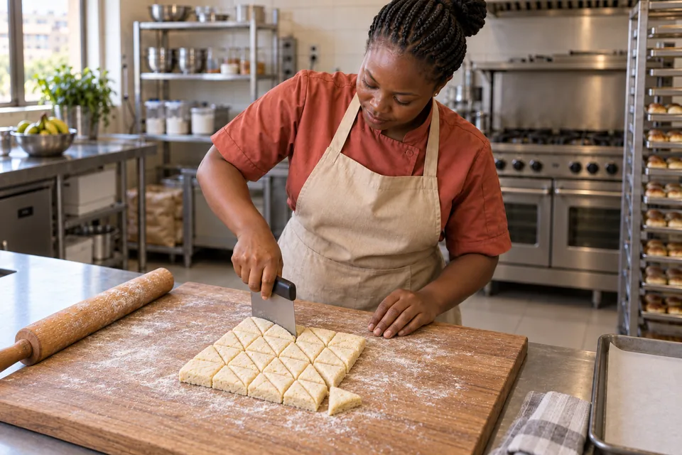 The cook cuts small, thick dough triangles from a modest slab on a lightly floured board.