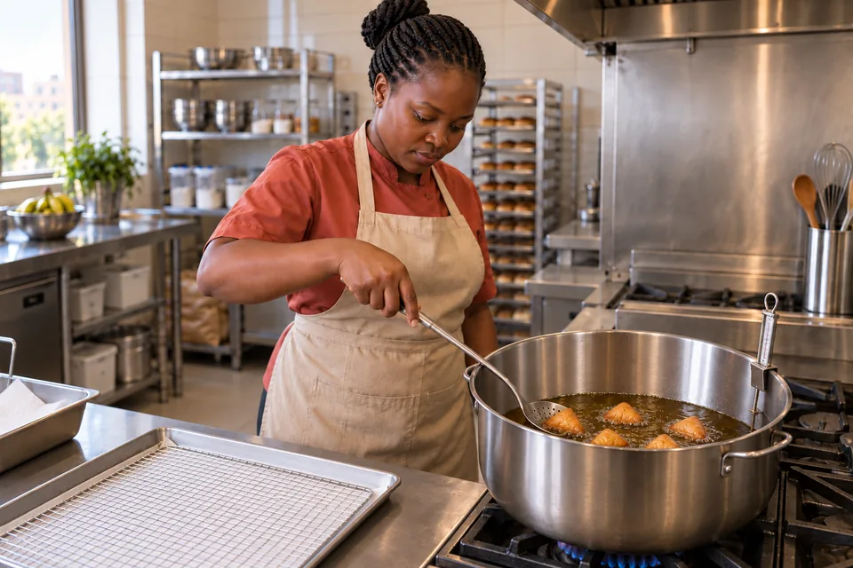 The cook turns a small batch of modest golden mandazi triangles in a deep pot.