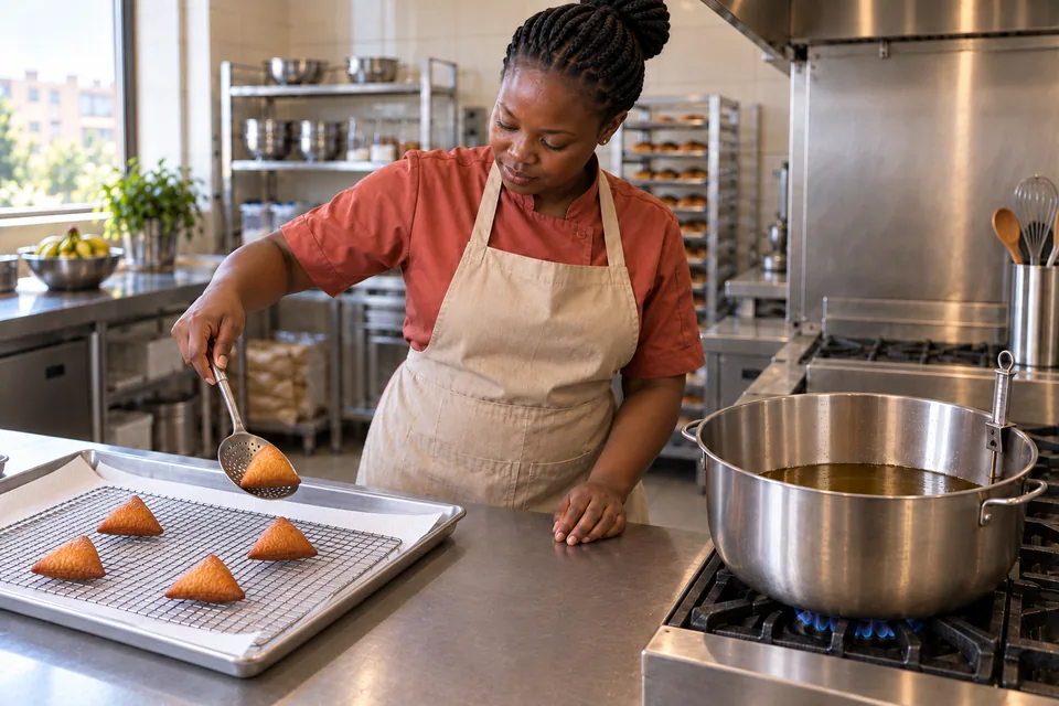The cook lifts a small mandazi onto a draining rack beside four other modest pieces.