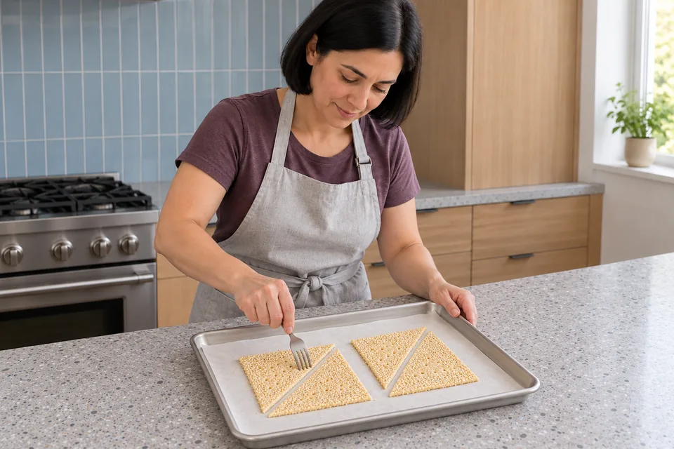 The baker docks four selected raw sesame triangles on a lined metal tray with a fork.