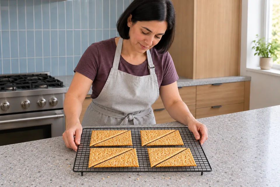 Eight selected thin golden sesame triangles cool in four pairs on a full black wire rack.