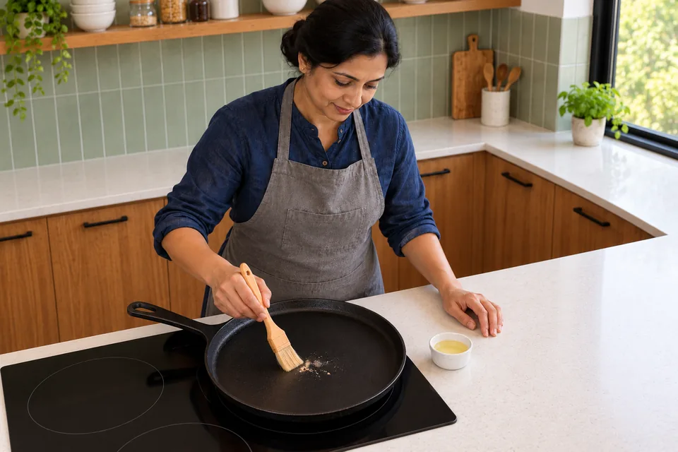 Cook brushing a few test-flour specks from an ordinary empty tawa, viewed from above beside a small oil ramekin.