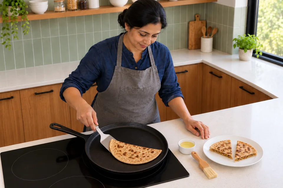 One thin half-moon paratha cooking in a tawa, beside two quarters of the first bread cut to check its centre.