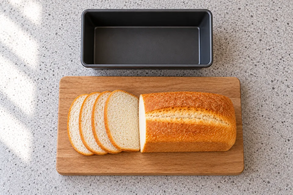 A shortened rectangular white loaf and four thin slices on a board, with its empty loaf tin above.