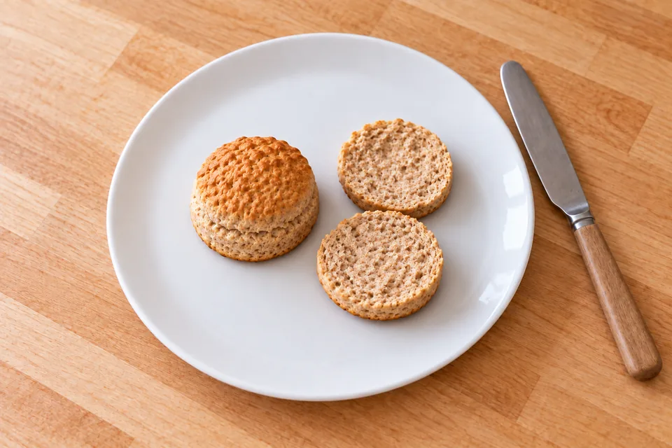 One small wholemeal scone and the two halves of a second sit on a white side plate beside a table knife.