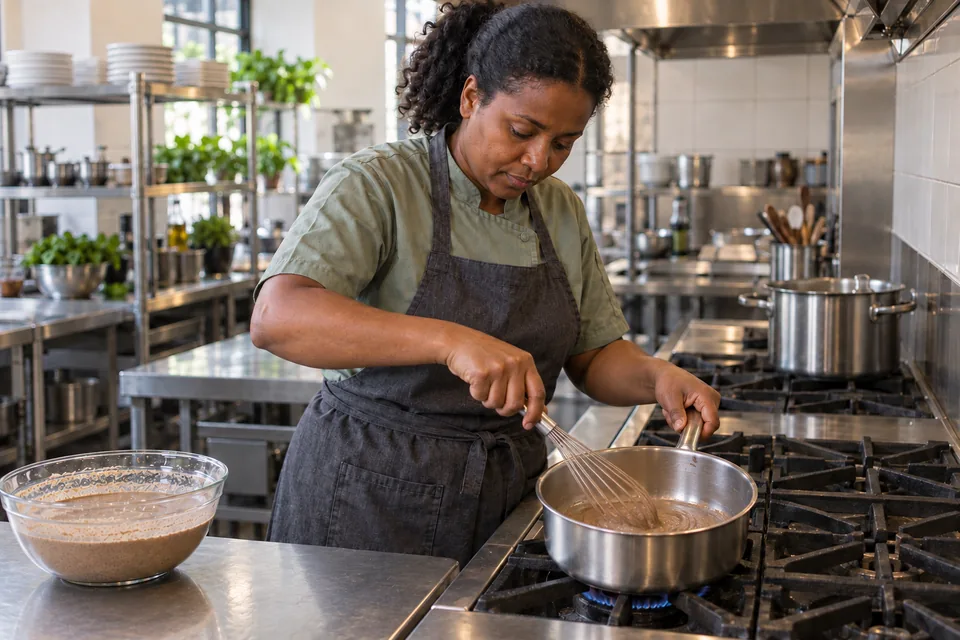 The cook stirs a shallow measured portion of teff paste at the bottom of the broad saucepan, beside the separate main batter bowl.