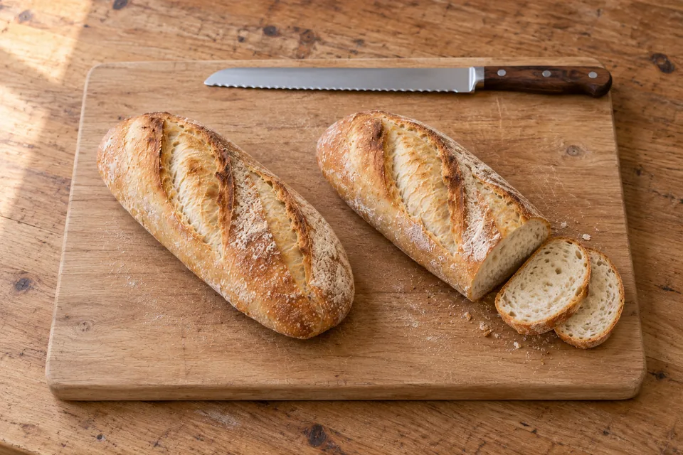 Two slender golden loaves on a board, one whole and one shortened by two matching slices.