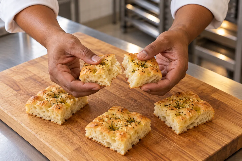 Two hands gently split one small garlic-and-herb focaccia piece above a board with three more pieces.