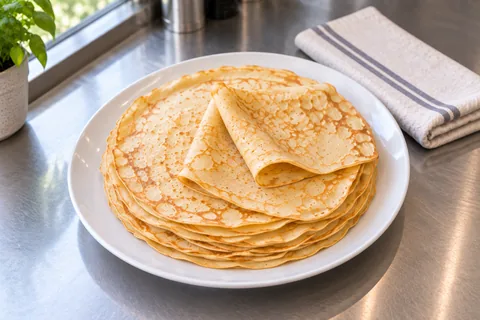 Close-up of thin golden crêpes on a white plate, with softly folded crêpes on top and a striped ivory towel beside them.