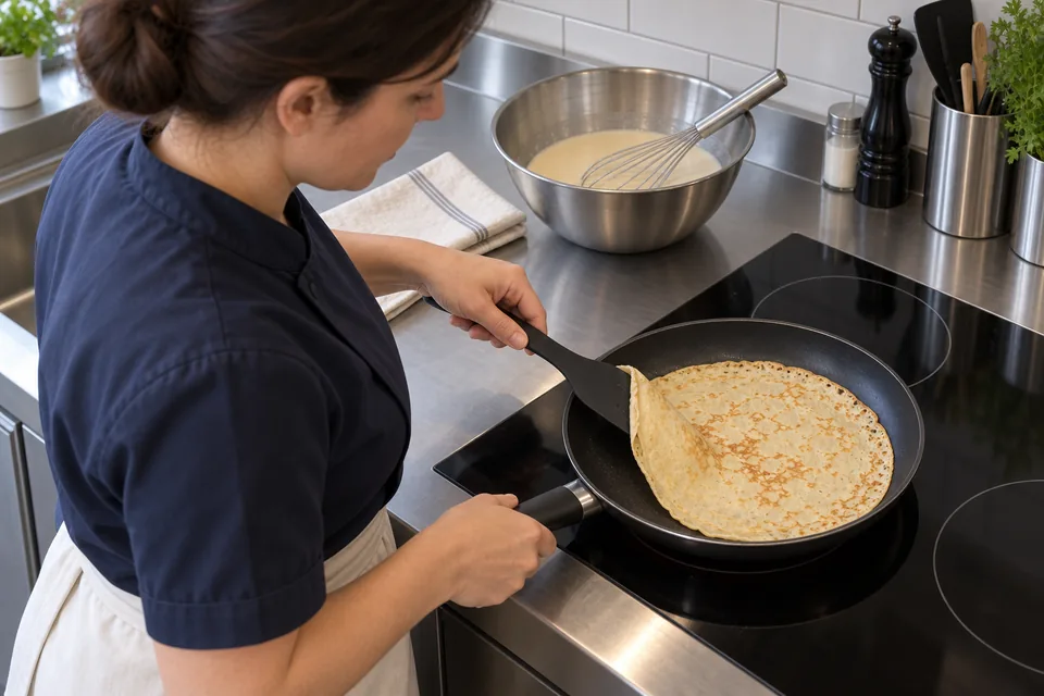 From above, the cook lifts the edge of a thin golden crêpe with a spatula in a black nonstick pan.