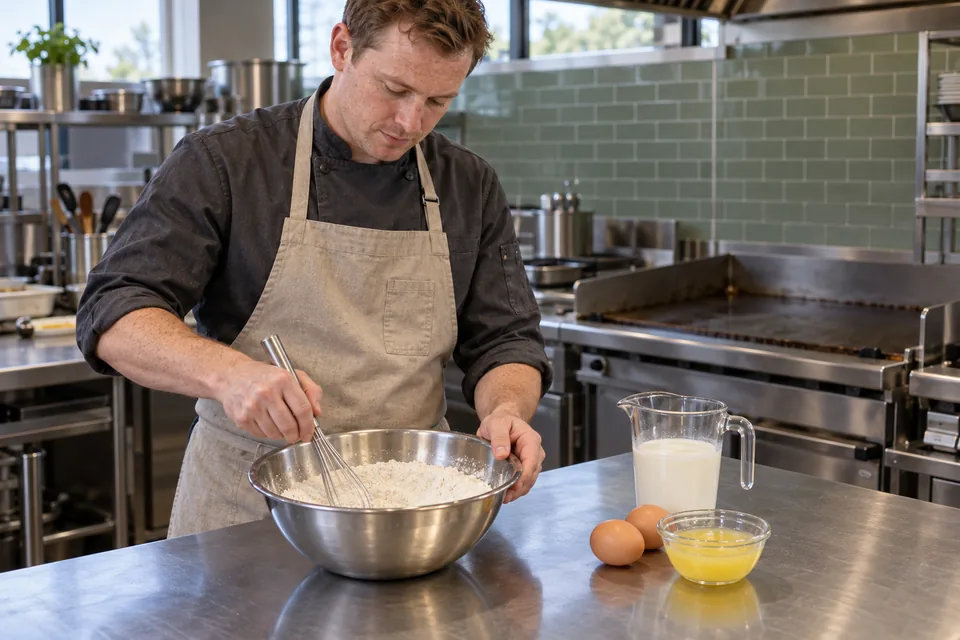 Chef whisking dry pancake ingredients.
