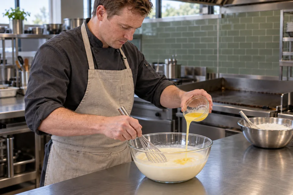 Chef pouring melted butter while whisking eggs and buttermilk.