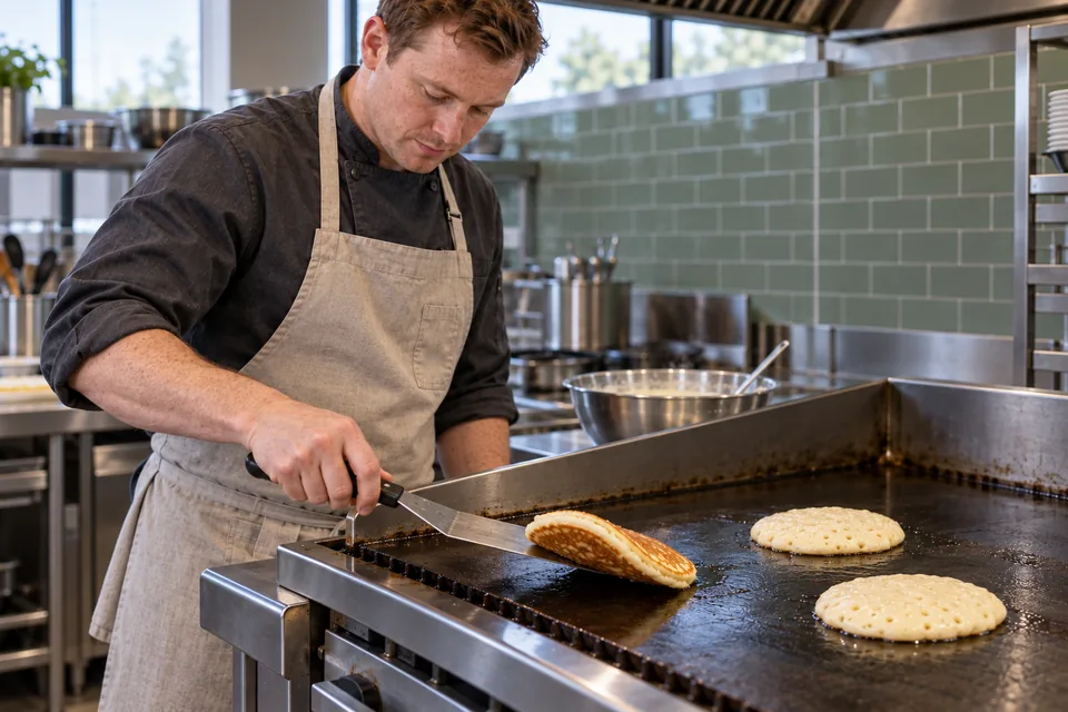 Chef flipping a golden pancake on a professional griddle.