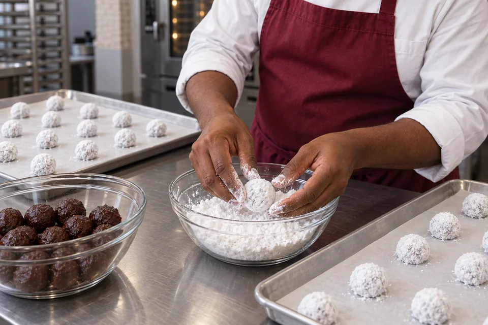 Chef coating chocolate dough balls in icing sugar.