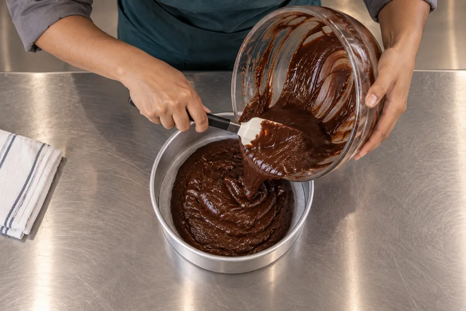 Overhead view of chocolate cake batter being poured into a round tin.