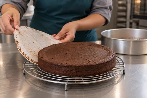 Finished flourless chocolate cake cooling on a rack.