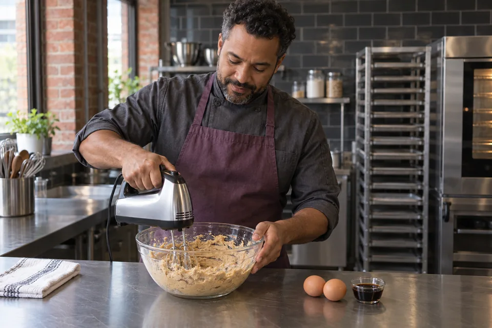 Chef creaming butter and sugars in a glass bowl.