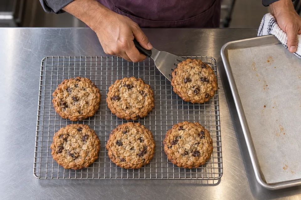 Oatmeal raisin cookie transferring from a tray onto a cooling rack.