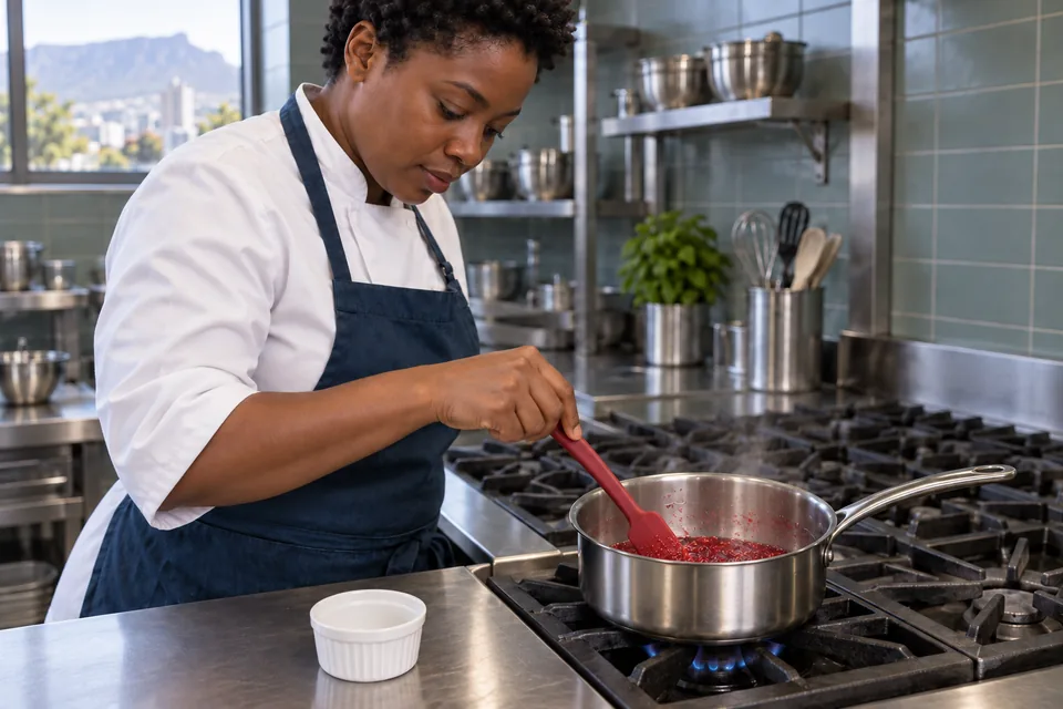 Chef stirring a modest quantity of bubbling raspberry filling in a small saucepan.