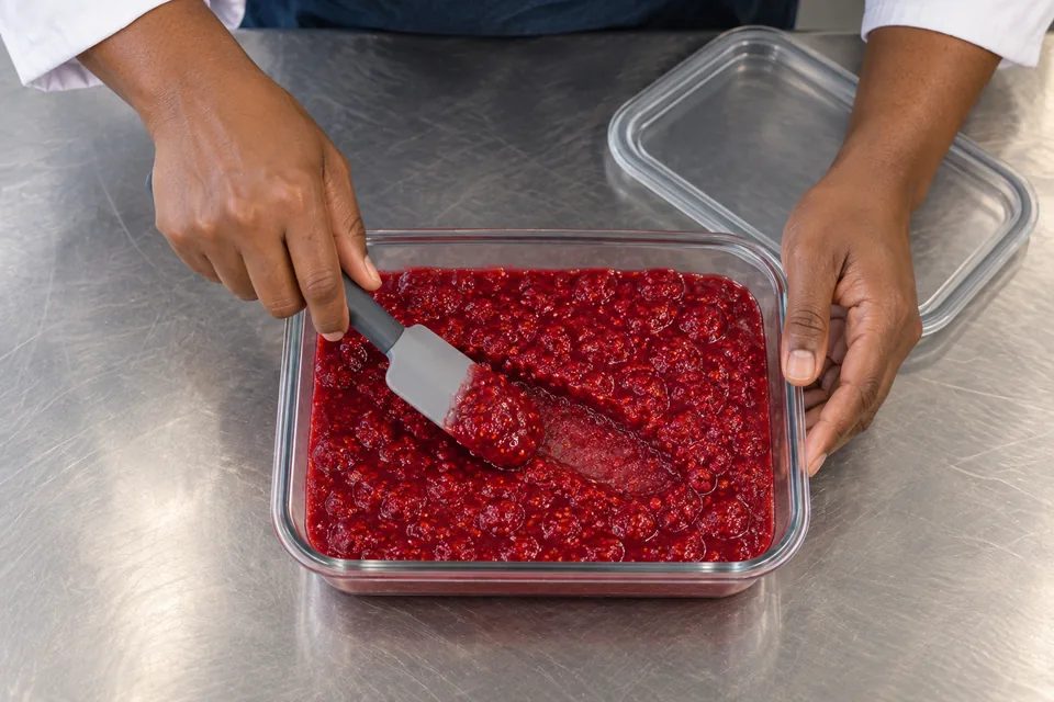 Cold thick raspberry filling in a shallow glass container, with a spatula showing its spreadable texture.
