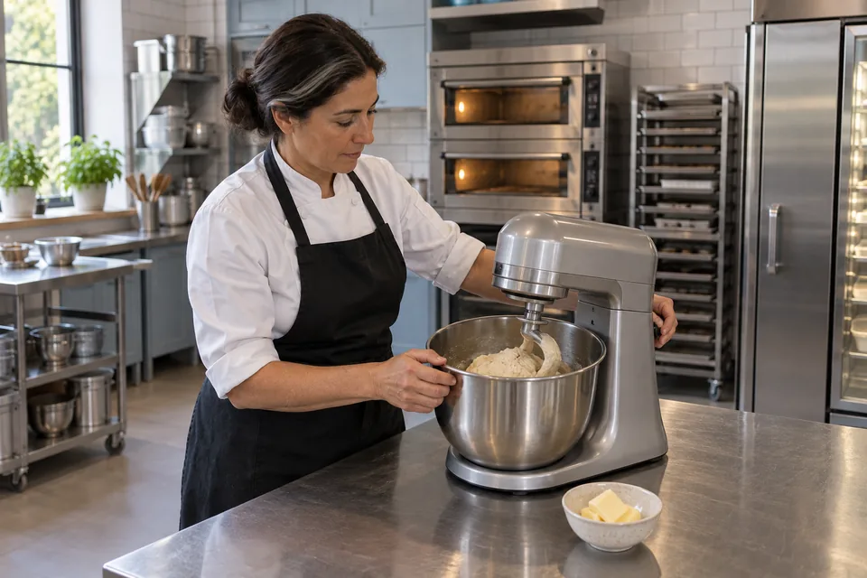 Pastry chef mixing babka dough with a dough hook.