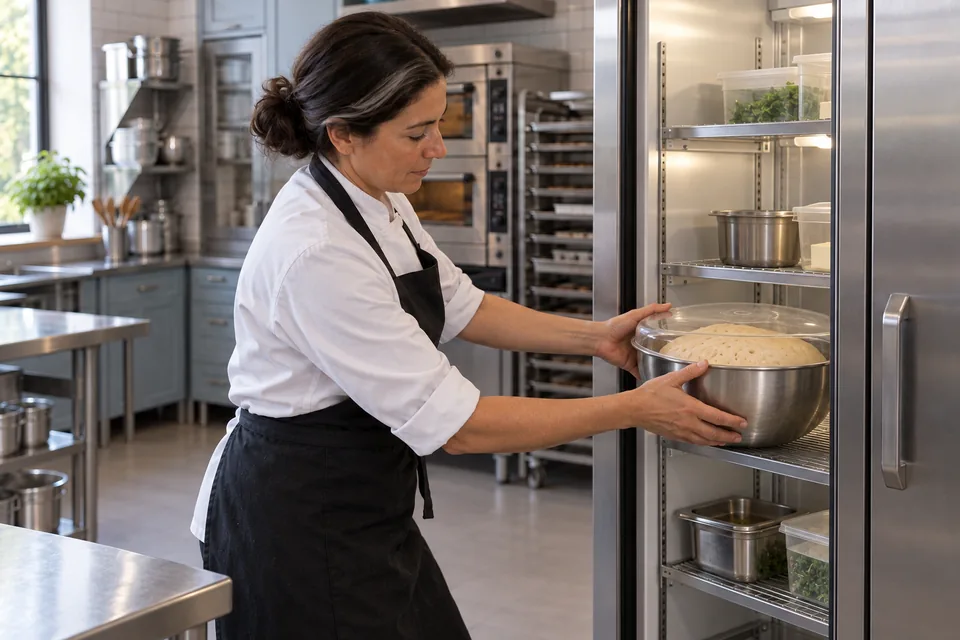 Chef placing covered risen dough in a refrigerator.