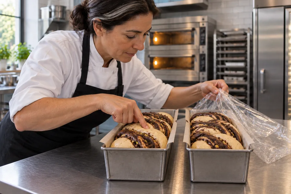 Chef gently pressing puffy proofed babka dough.