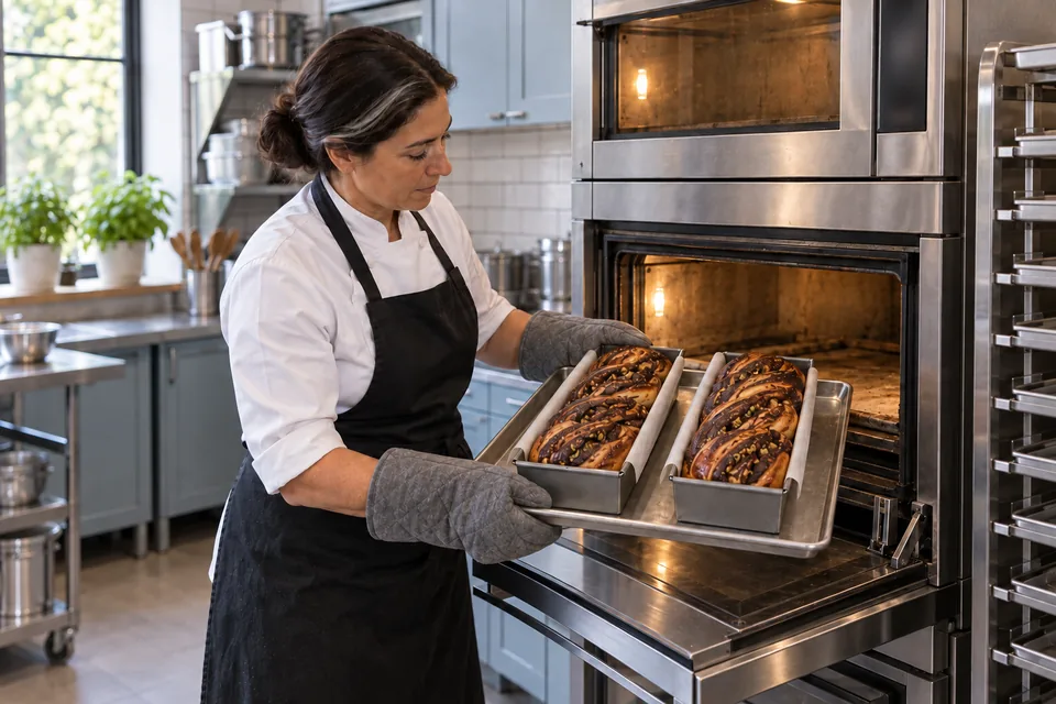 Chef using oven mitts to remove two baked chocolate babkas.