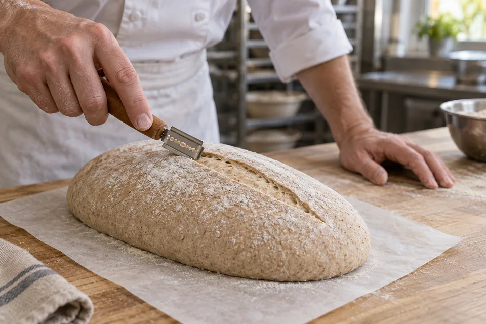 A shallow cut gives the loaf a controlled place to open in the oven.