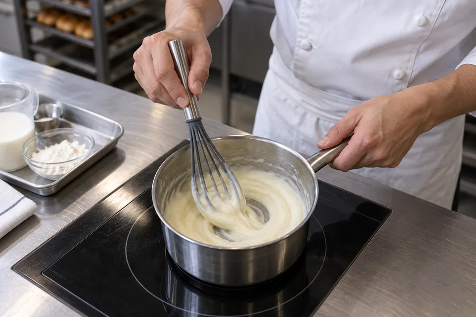 Cook the flour-and-liquid mixture until smooth and thick enough to leave whisk trails.