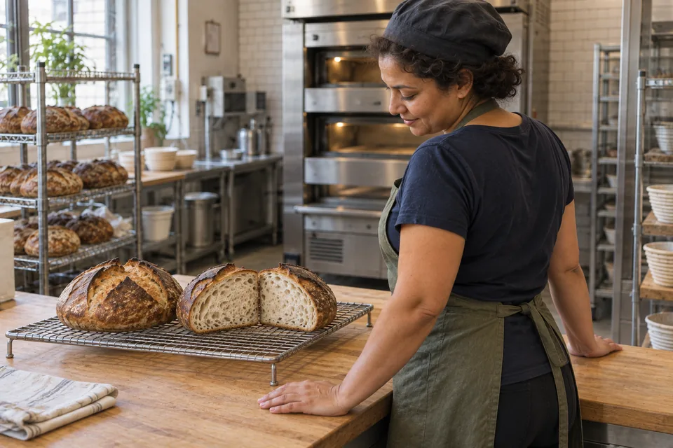 A cut loaf reveals the crumb: the texture and air pockets inside.