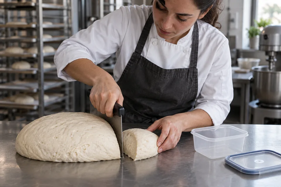 Reserve a piece of dough for a later batch, following the recipe’s storage instructions.